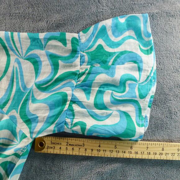 Addison Bay Blue Green Wave Print Cotton Caftan Dress XS Resort Beach Cover Up - Picture 8 of 11